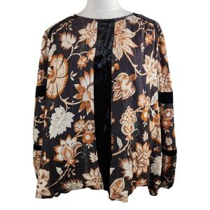 One World Boho Velvet Trim Floral Print Long Sleeve Blouse Womens XL Flowy Top